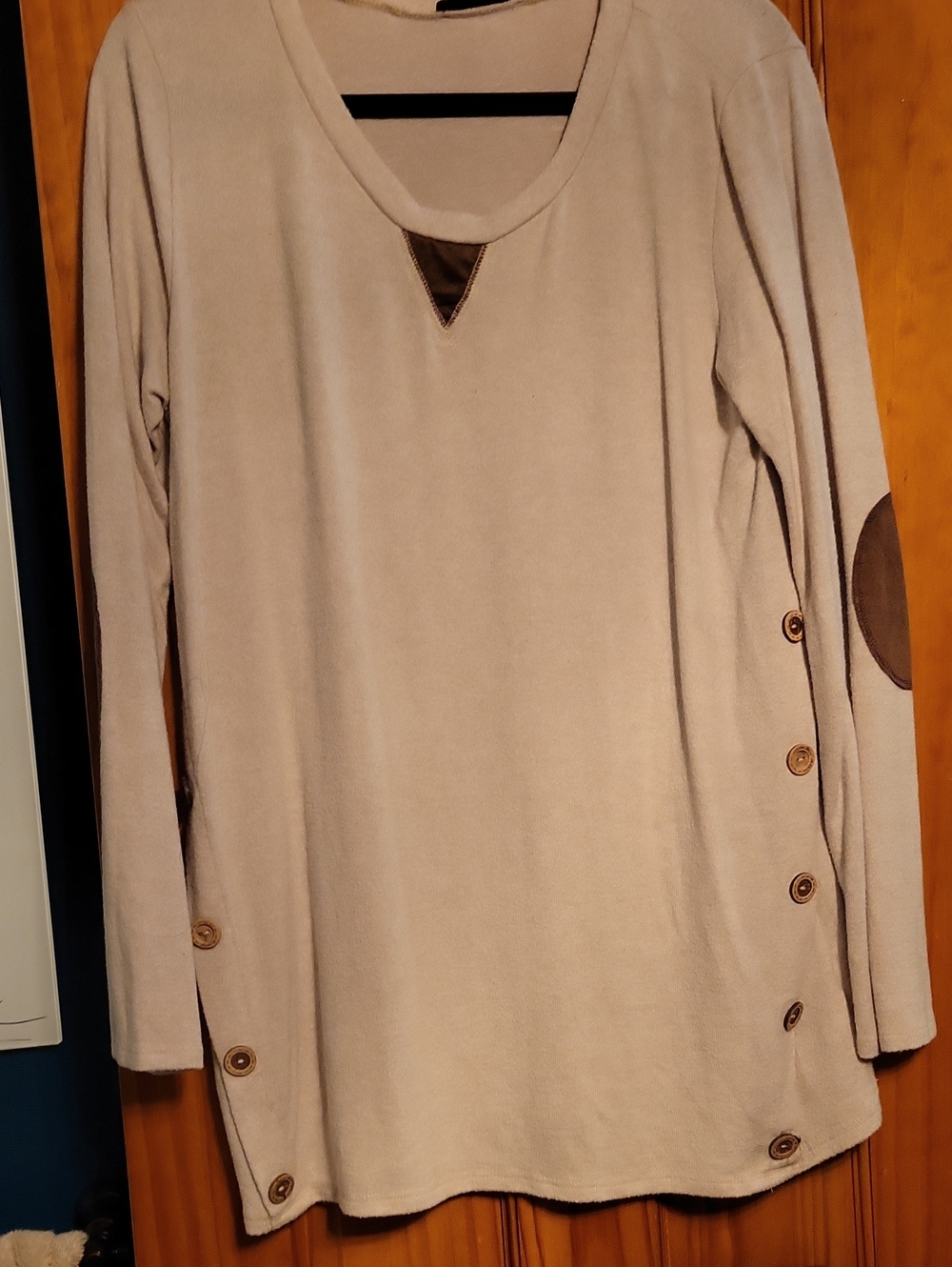 Women's Beige Button-Detail Long-Sleeve Sweatshirt with Elbow Patches